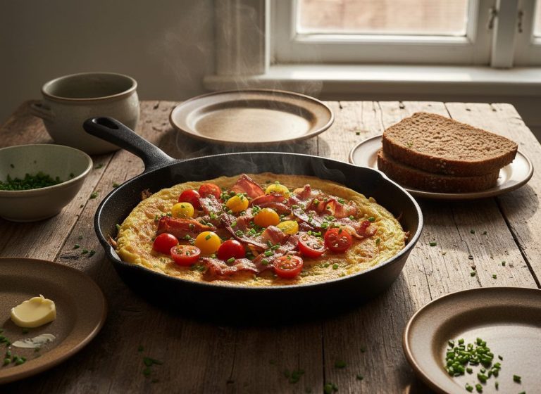 Dansk æggekage i støbejernspande med sprød bacon, cherrytomater og purløg