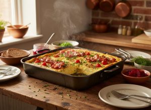 Dansk æggekage bagt i ovnfad med bacon, tomater og purløg