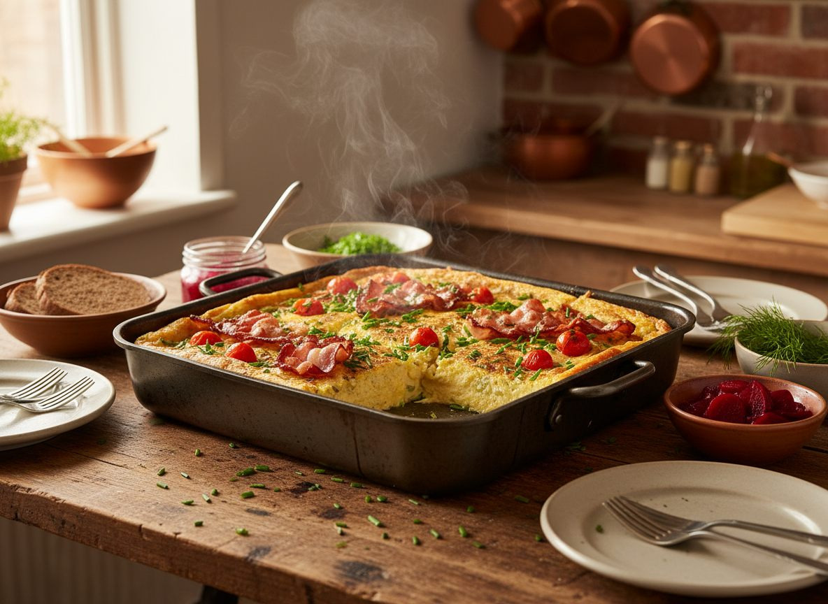 Dansk æggekage bagt i ovnfad med bacon, tomater og purløg