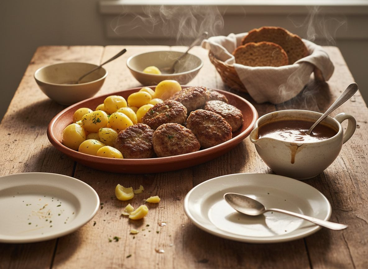 Blank dansk brun sovs i sovseskål med kogte kartofler og frikadeller