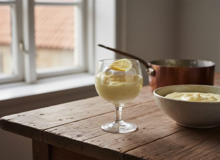 Klassisk dansk citronfromage i glas med flødeskum og citronskive