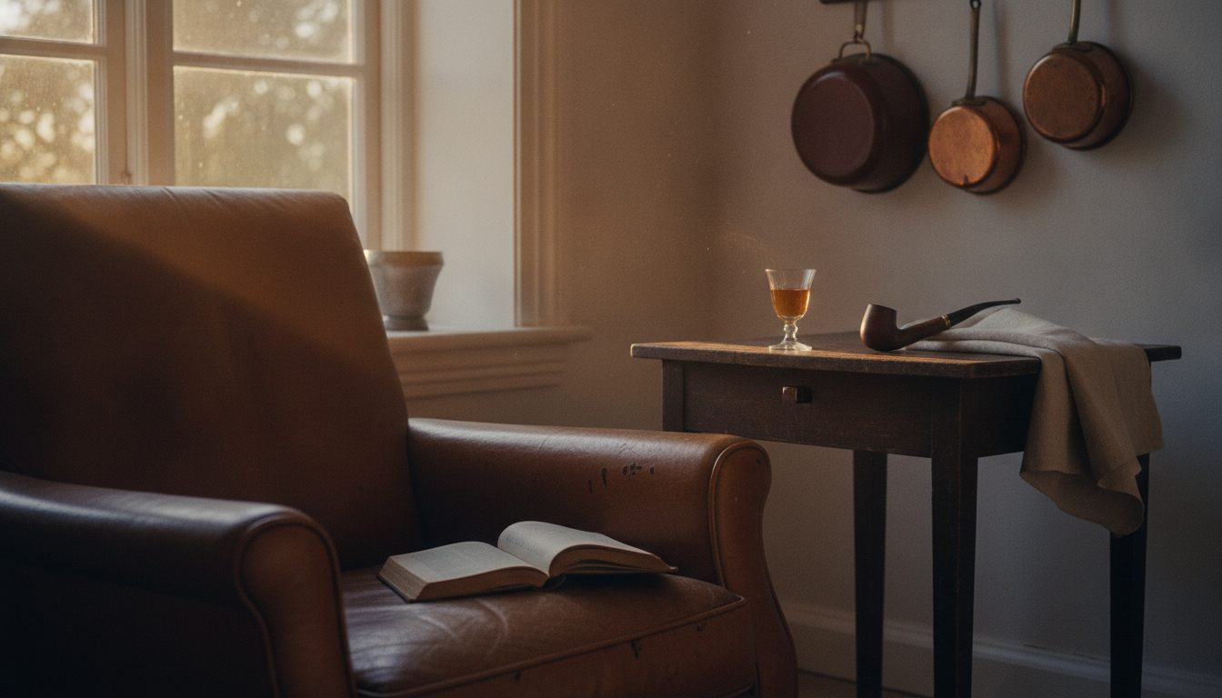 Læderlænestol ved vinduet med opslået bog, et glas snaps og en pibe
