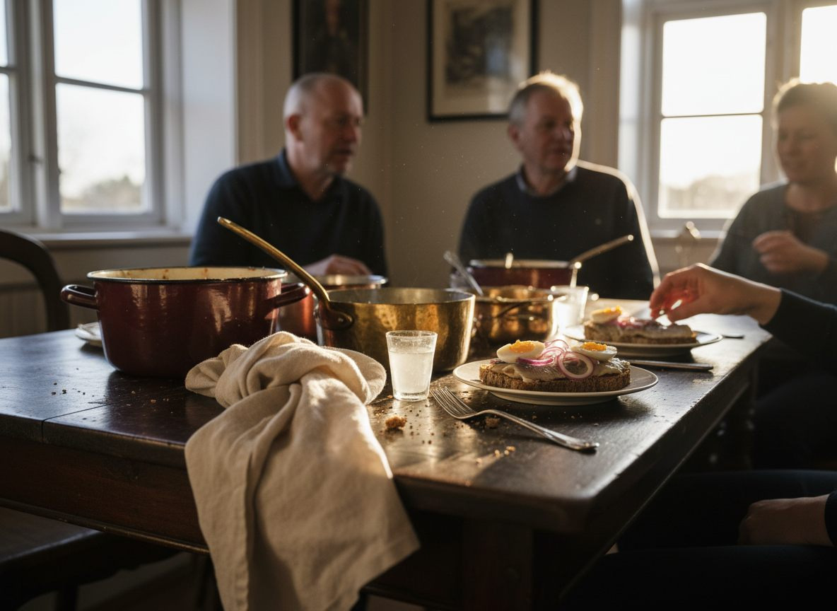 Dansk frokostbord med sild på rugbrød og et glas kold snaps