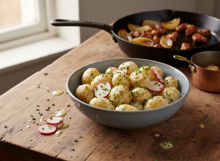 Klassisk dansk kartoffelsalat med nye kartofler, radiser og purløg i cremet dressing