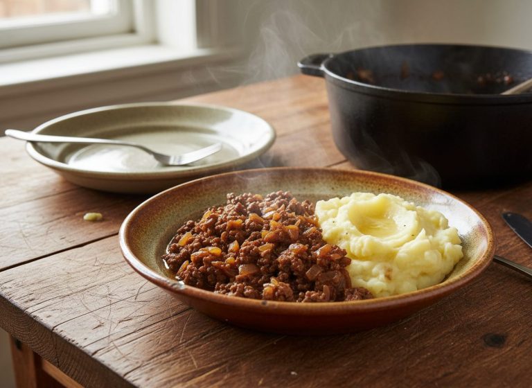 Dansk millionbøf med hakket oksekød i brun sovs serveret med cremet kartoffelmos