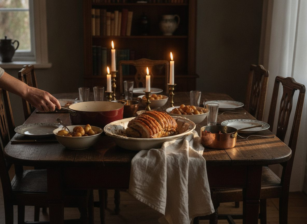 Flæskesteg med sprød svær på fad ved det dækkede familiebord