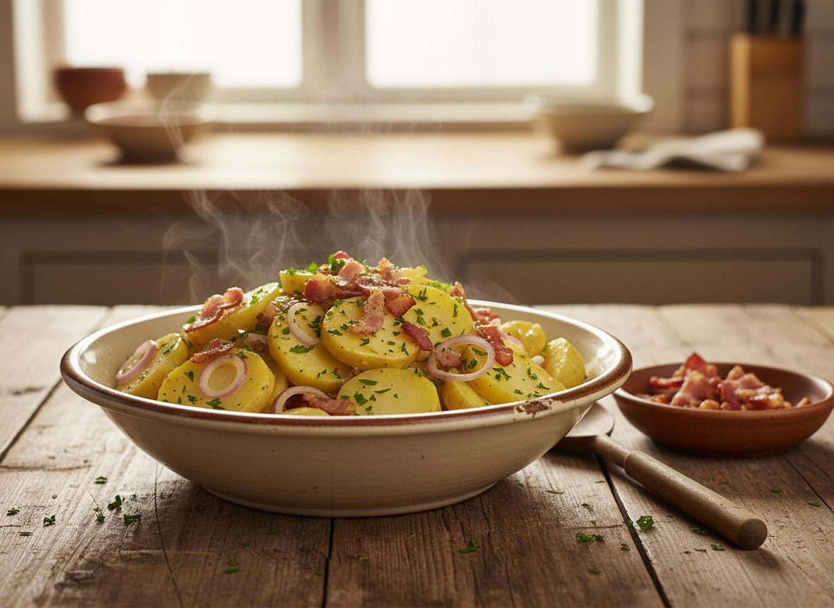 Lun dansk varm kartoffelsalat med sprødt bacon og sennep-eddikedressing