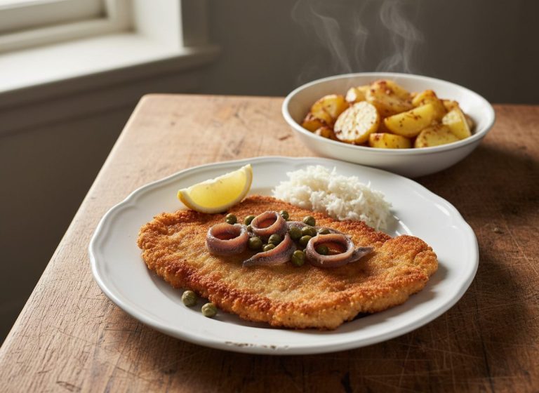 Klassisk wienerschnitzel med dreng: citron, ansjos, kapers og peberrod