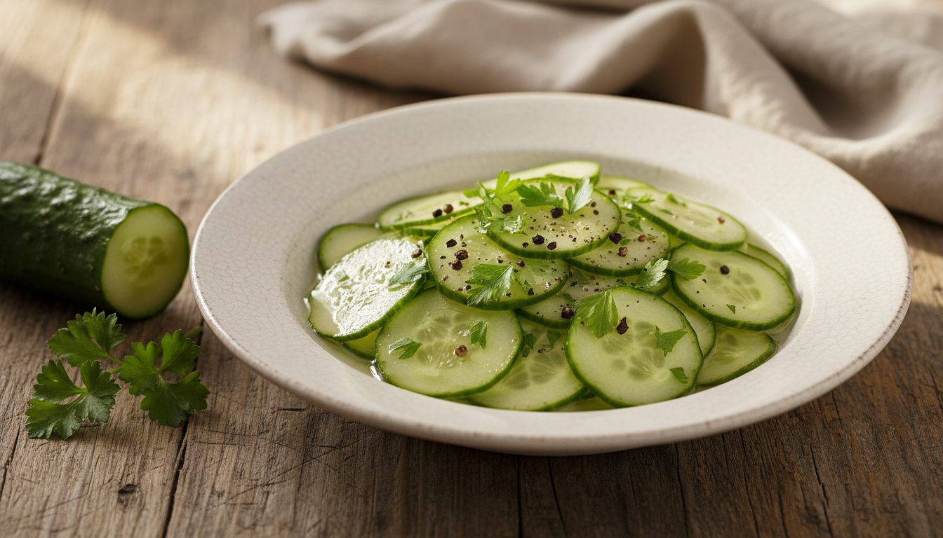 Gammeldags agurkesalat med tynde agurkeskiver og persille i hvid skål
